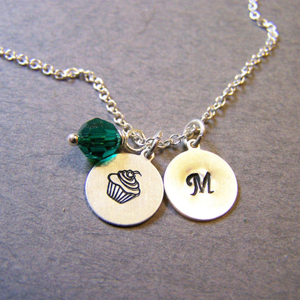 Monogrammed Sterling Silver Initial Swarovski Crystal Birthstone Birthday Cupcake Necklace / Gift for Her