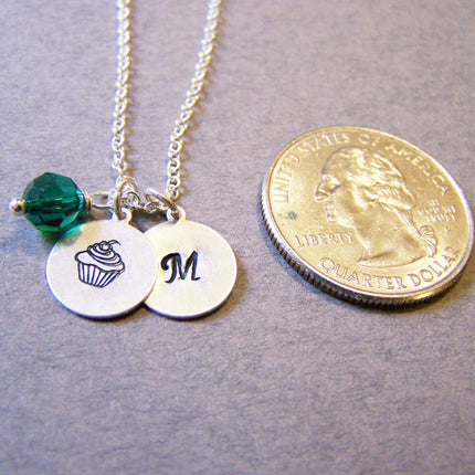 Monogrammed Sterling Silver Initial Swarovski Crystal Birthstone Birthday Cupcake Necklace / Gift for Her