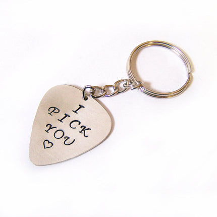 Hand Stamped Silver, Brass or Copper Guitar Pick Keychain
