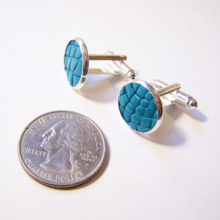 Aqua Recycled Caiman Leather Cuff Links – Silver Tone