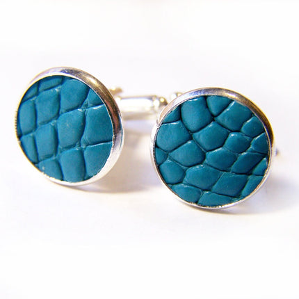 Aqua Recycled Caiman Leather Cuff Links – Silver Tone