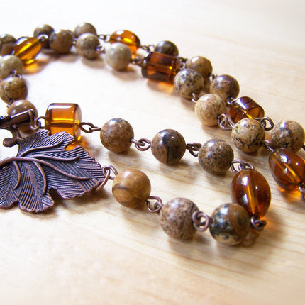 Natural Jasper Stone Amber Glass Copper Beaded Necklace / Gift for Her