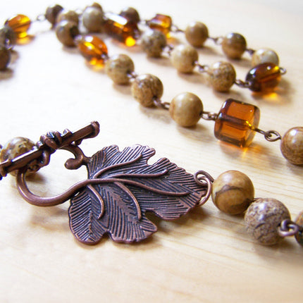 Natural Jasper Stone Amber Glass Copper Beaded Necklace / Gift for Her