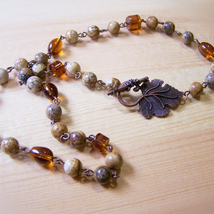 Natural Jasper Stone Amber Glass Copper Beaded Necklace / Gift for Her