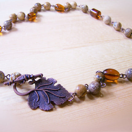 Natural Jasper Stone Amber Glass Copper Beaded Necklace / Gift for Her