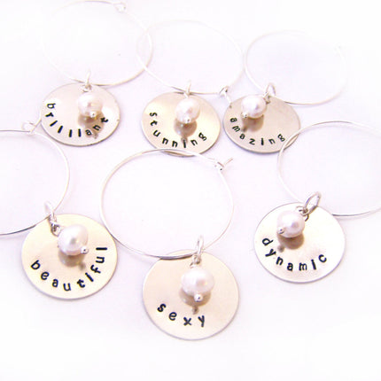 Set of 6 Silver Hand Stamped Freshwater Pearl Wine Charms / Champagne Charms