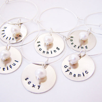 Set of 6 Silver Hand Stamped Freshwater Pearl Wine Charms / Champagne Charms