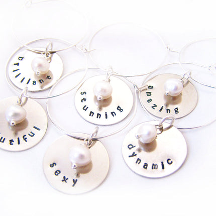 Set of 6 Silver Hand Stamped Freshwater Pearl Wine Charms / Champagne Charms