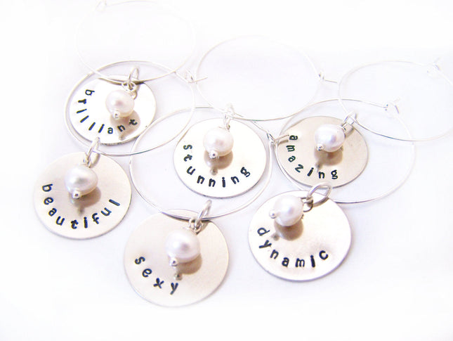 Set of 6 Silver Hand Stamped Freshwater Pearl Wine Charms / Champagne Charms
