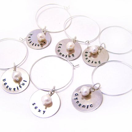 Set of 6 Silver Hand Stamped Freshwater Pearl Wine Charms / Champagne Charms