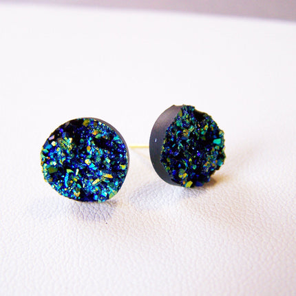Sparkling Blue Faux Druzy Stud Post Earrings / Gift for Her