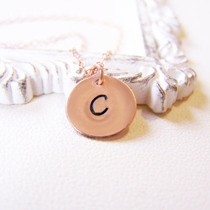 Handstamped Initial Disc Monogrammed 14k Rose Gold Filled Personalized Necklace