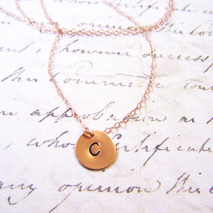 Handstamped Initial Disc Monogrammed 14k Rose Gold Filled Personalized Necklace