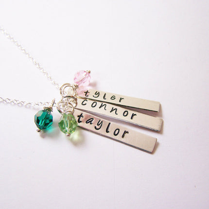 Personalized Three Names Hand Stamped Bar Swarovski Birthstone Necklace