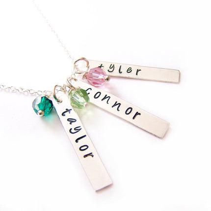 Personalized Three Names Hand Stamped Bar Swarovski Birthstone Necklace
