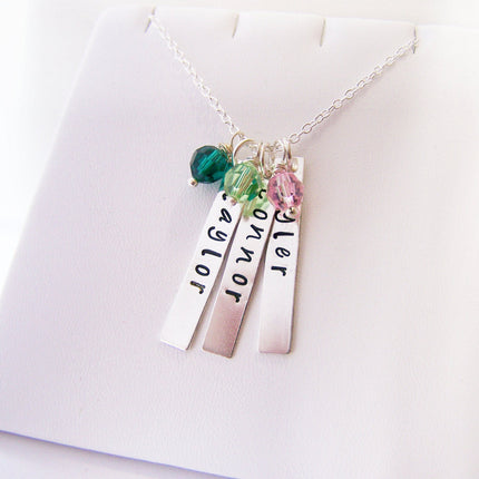 Personalized Three Names Hand Stamped Bar Swarovski Birthstone Necklace
