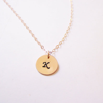 Handstamped Initial Disc Monogrammed 14k Rose Gold Filled Personalized Necklace