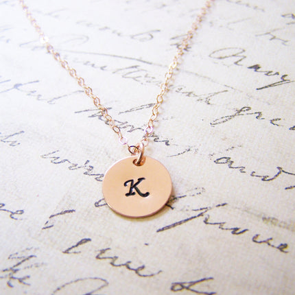 Handstamped Initial Disc Monogrammed 14k Rose Gold Filled Personalized Necklace