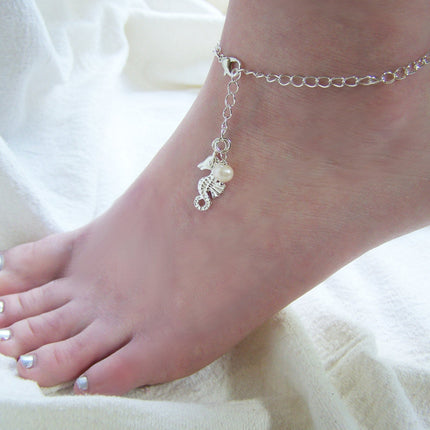 Silver Seahorse Freshwater Pearl Beaded Chain Nautical Adjustable Anklet