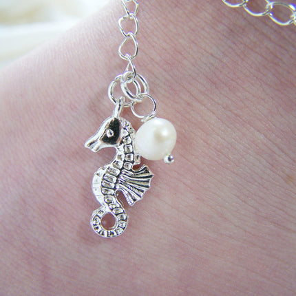 Silver Seahorse Freshwater Pearl Beaded Chain Nautical Adjustable Anklet