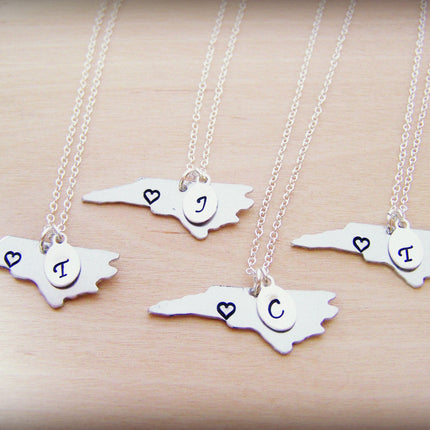Hand Stamped Heart Initial Home State Sterling Silver Necklace - All 50 States Available