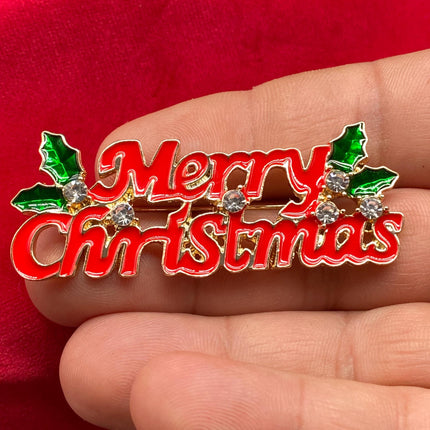 Merry Christmas Enamel Brooch Pin with Crystals & Holly – Festive Holiday Accessory