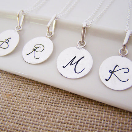 Silver Script Hand Stamped Initial Personalized Sterling Silver Necklace