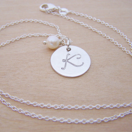 Sterling Silver Script Hand Stamped Initial Freshwater Pearl Personalized Necklace