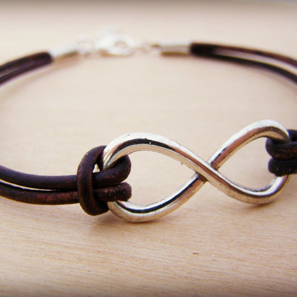 Mens Silver Infinity Brown Leather Bracelet  / Gift for Him