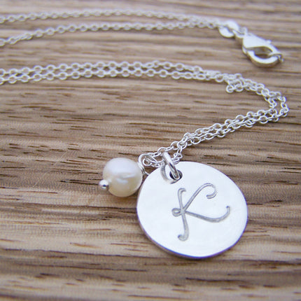 Sterling Silver Script Hand Stamped Initial Freshwater Pearl Personalized Necklace