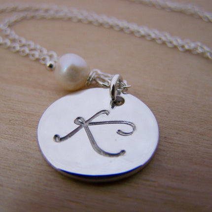 Sterling Silver Script Hand Stamped Initial Freshwater Pearl Personalized Necklace