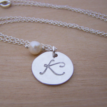 Sterling Silver Script Hand Stamped Initial Freshwater Pearl Personalized Necklace