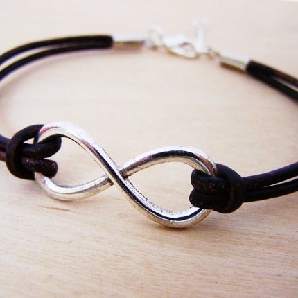 Mens Silver Infinity Brown Leather Bracelet  / Gift for Him