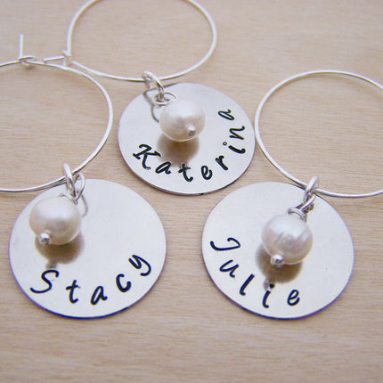 Hand Stamped Freshwater Pearl Wine Charms