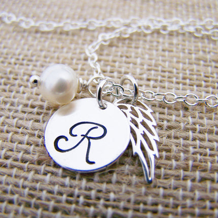Angel Wing and Pearl Necklace – Memorial Jewelry & Sympathy Gift in Sterling Silver