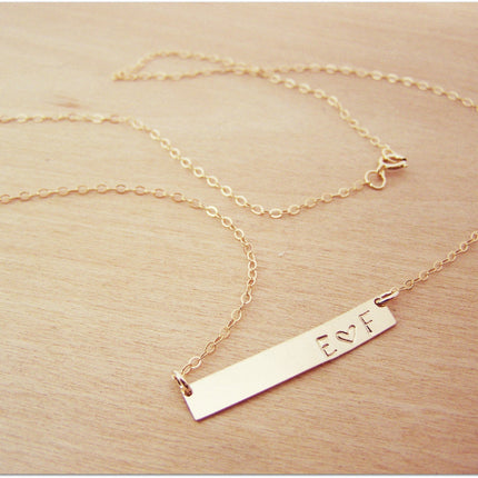 Gold Filled Bar Minimalist Hand Stamped Two Initial Heart Horizontal Bar Necklace / Gift for Her
