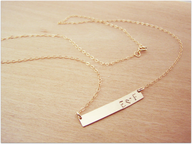 Gold Filled Bar Minimalist Hand Stamped Two Initial Heart Horizontal Bar Necklace / Gift for Her