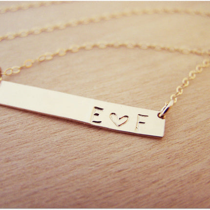 Gold Filled Bar Minimalist Hand Stamped Two Initial Heart Horizontal Bar Necklace / Gift for Her