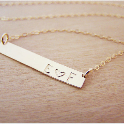 Gold Filled Bar Minimalist Hand Stamped Two Initial Heart Horizontal Bar Necklace / Gift for Her