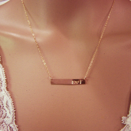 Gold Filled Bar Minimalist Hand Stamped Two Initial Heart Horizontal Bar Necklace / Gift for Her