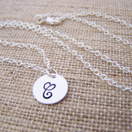 ONE INITIAL Disc Dainty Silver Hand Stamped Initial Personalized Bridesmaid Necklace