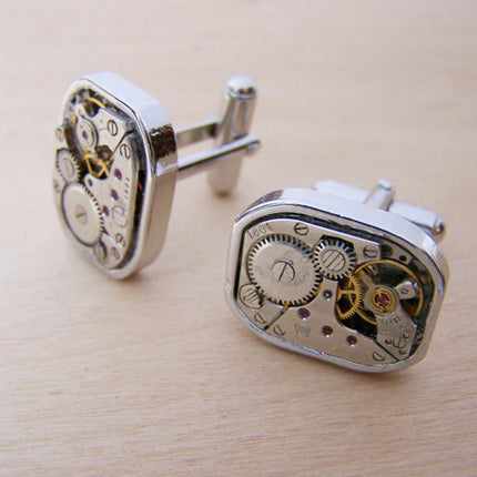 Heavy Duty Steampunk Clock Parts Cufflinks | Stainless Steel Watch Movement Cuff Links for Him