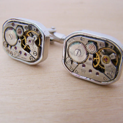 Heavy Duty Steampunk Clock Parts Cufflinks | Stainless Steel Watch Movement Cuff Links for Him