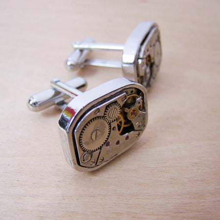 Heavy Duty Steampunk Clock Parts Cufflinks | Stainless Steel Watch Movement Cuff Links for Him