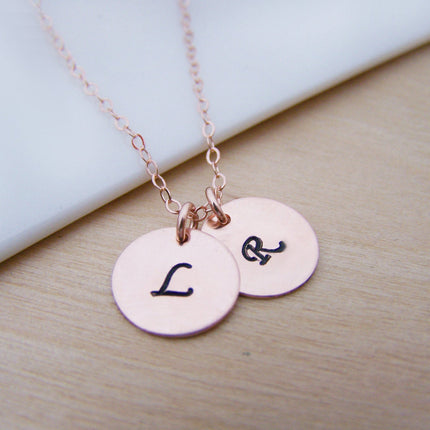 TWO INITIAL Disc Dainty Rose Gold Hand Stamped Initial Personalized Bridesmaid Necklace