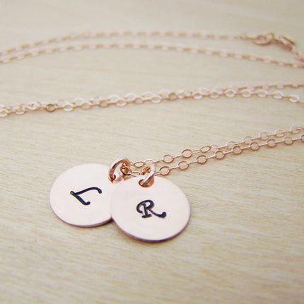 TWO INITIAL Disc Dainty Rose Gold Hand Stamped Initial Personalized Bridesmaid Necklace