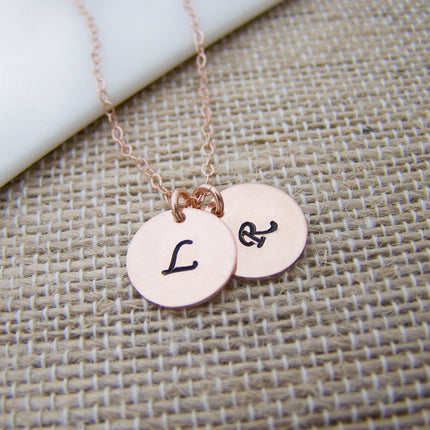 TWO INITIAL Disc Dainty Rose Gold Hand Stamped Initial Personalized Bridesmaid Necklace