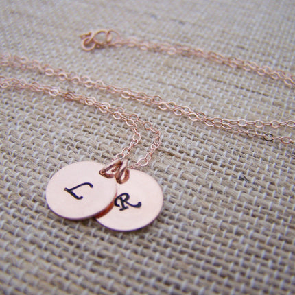 TWO INITIAL Disc Dainty Rose Gold Hand Stamped Initial Personalized Bridesmaid Necklace