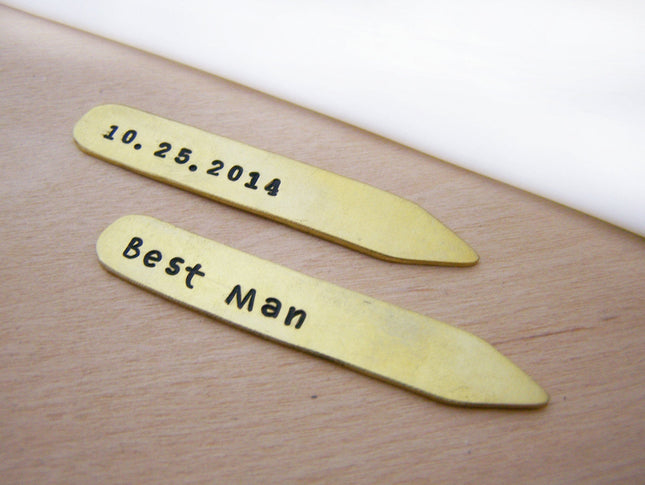 Personalized Brass Collar Stays – Best Man & Groomsmen Wedding Gift with Hand Stamped Date