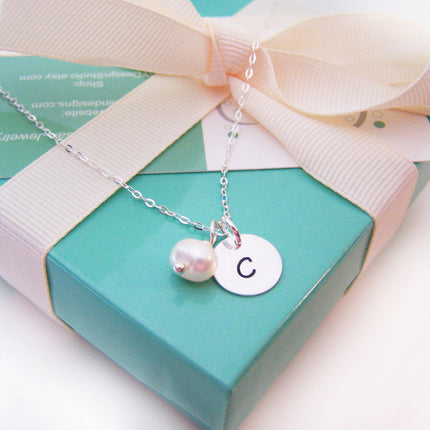 Bridesmaid Pearl Necklace – Sterling Silver Freshwater Pearl and Initial Charm Gift